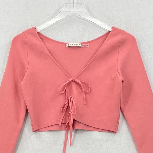 ALICE AND OLIVIA Sharee Top Womens Medium Pink Tie Knit Crop V Neck Long Sleeve - Picture 6 of 16